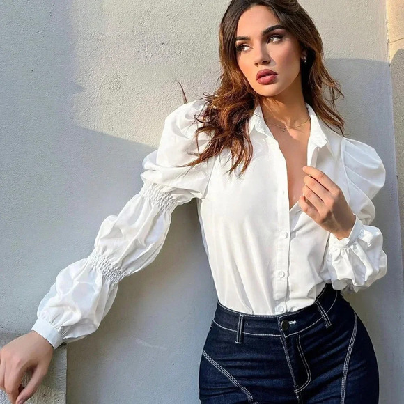 White Preppy Womens Solid Button Front Ruched Shirt - Picture 1 of 5